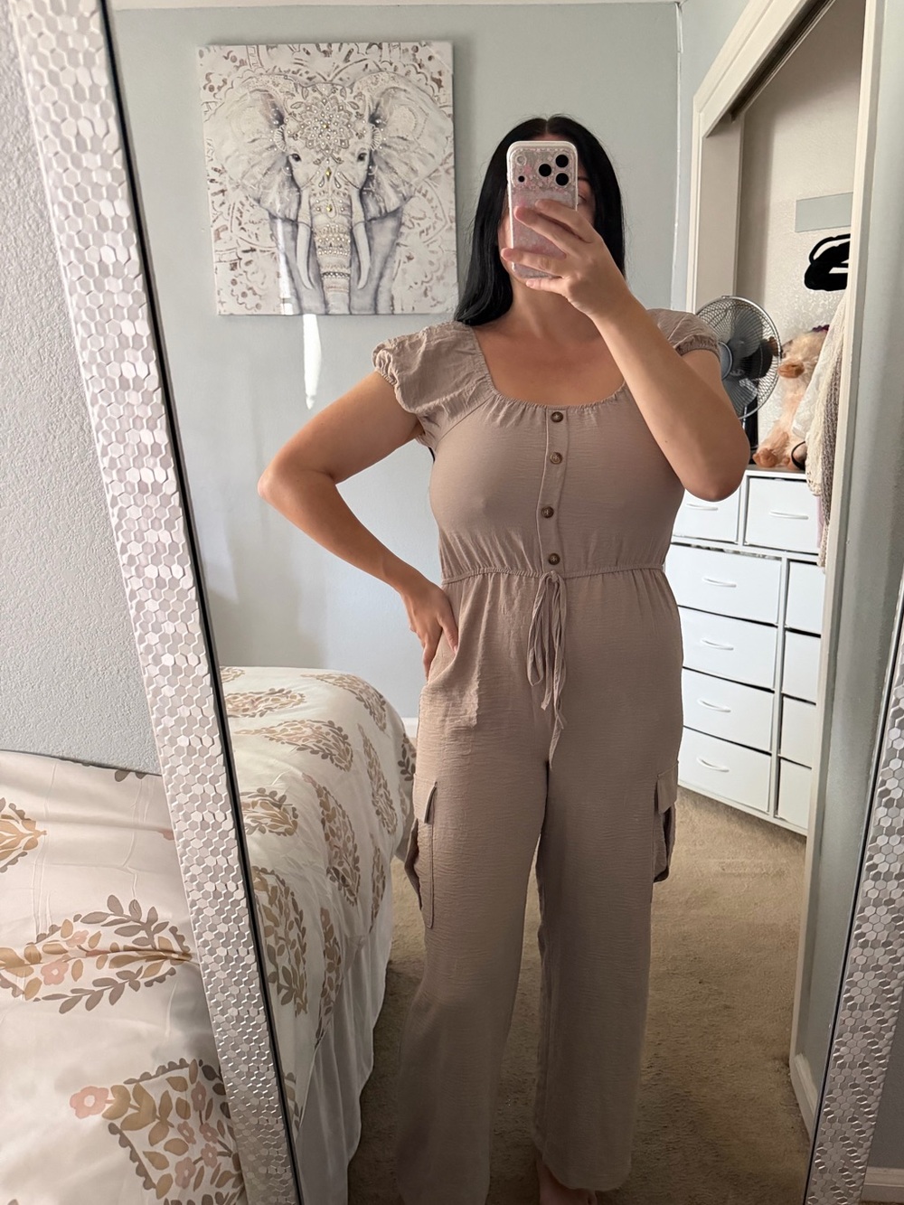 Tan Brown Button-Front Flare Wide Leg Cargo Jumpsuit with Tie Waist S Small